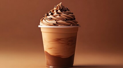 Disposable coffee cup against soft mocha mousse background, trendy and minimal