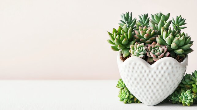 A heart-shaped pot filled with vibrant succulent plants on a light background.