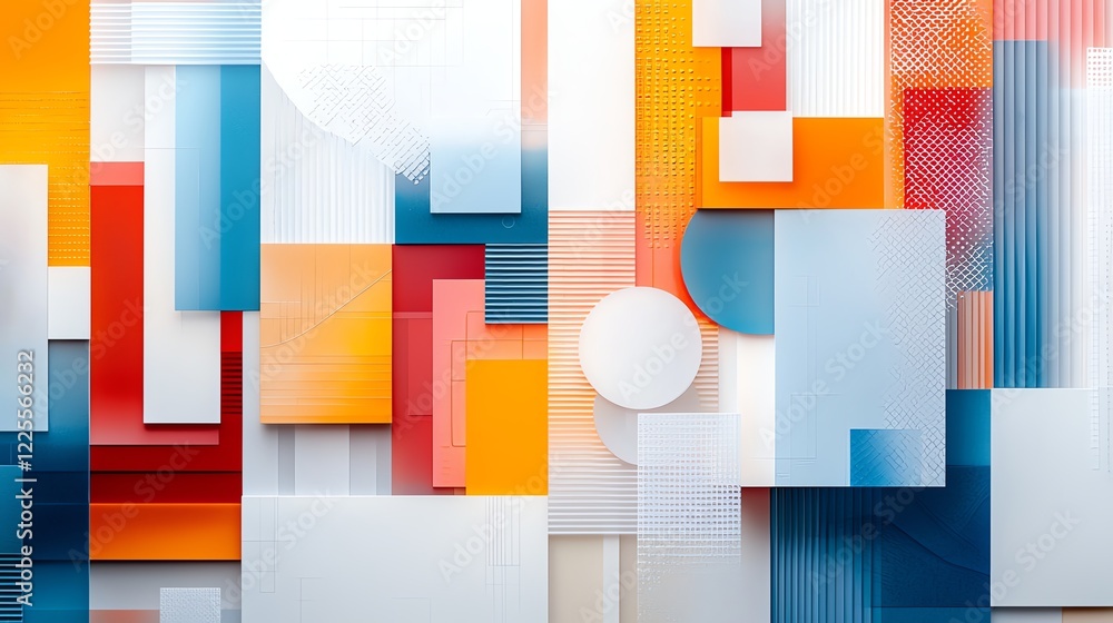 Poster a vibrant and abstract composition featuring geometric shapes and bright colors, creating a dynamic 