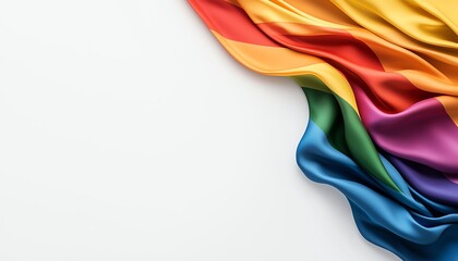 Fototapeta premium A vibrant and colorful LGBTQ+ pride flag gracefully drapes against a clean white background, symbolizing diversity, acceptance, and inclusivity in a modern society.