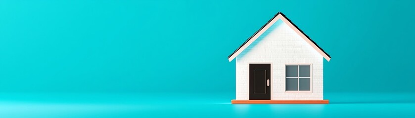 A minimalist house stands against a vibrant turquoise background, symbolizing home and comfort.