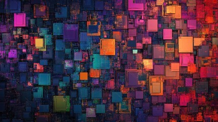 Abstract Digital Data Flow Represented by Interlocking Squares in Vibrant Colors for Technology and Innovation Concepts