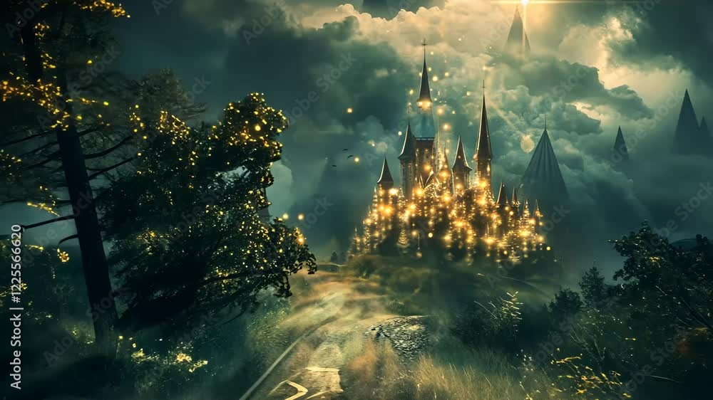 Poster a winding forest path leads through trees adorned with shimmering orbs on a foggy evening, while maj