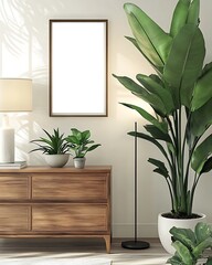 Modern entryway featuring a natural wooden dresser, vibrant indoor plants in ceramic pots, a sleek floor lamp, and a mock-up poster frame hanging above on a bright white wall