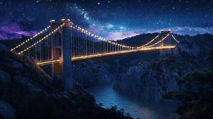 Obraz premium Illuminated Suspension Bridge Spanning Starlit Gorge at Night