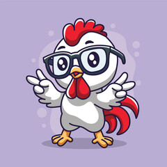 Cute cartoon rooster mascot with eyeglasses. Vector illustration.