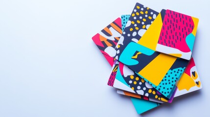 Fototapeta premium Colorful and vibrant stack of patterned notebooks create an eye-catching display. Perfect for creative inspiration or journaling tasks. Generative AI.