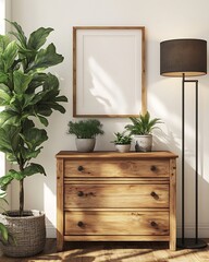 Modern entryway featuring a natural wooden dresser, vibrant indoor plants in ceramic pots, a sleek floor lamp, and a mock-up poster frame hanging above on a bright white wall
