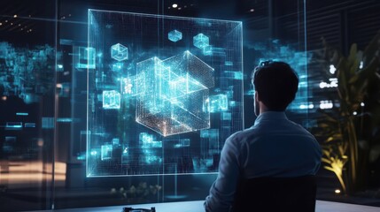 Innovative Business Ecosystem Visualization with Holographic Cubes in a Cyber Environment Showcasing Advanced Technology in a Modern Workspace