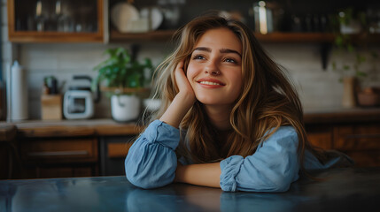 Beautiful young woman relaxing at the kitchen. Happy smiling girl home portrait. Resting, relaxation and leisure concept