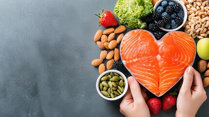 A vibrant assortment of healthy foods arranged in a heart shape, featuring fresh salmon, nuts, fruits, and vegetables, promoting nutrition and a healthy lifestyle.