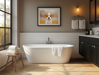 Modern Bathroom Interior with Freestanding Bathtub and Framed Puppy Print