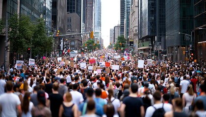 A vibrant crowd gathers for a passionate protest, holding signs representing various social issues