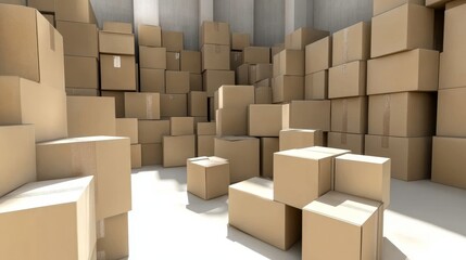 Abstract Cardboard Box Composition 3D Render of Stacked Boxes, Warehouse Concept Warehouse, 3D Rendering