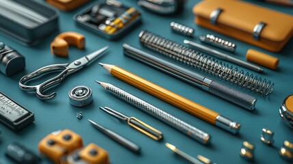 Fototapeta premium Assorted Stationery Items Arranged on Teal Surface