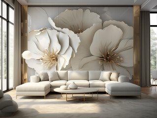 Modern Living Room with Large 3D White and Gold Flowers Wall Art