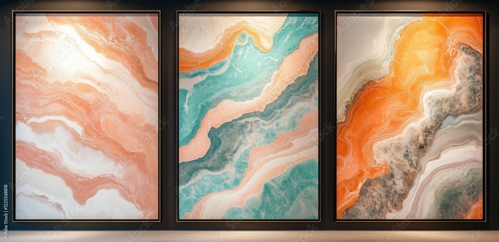 Poster abstract triptych: a mesmerizing three-panel abstract art piece features swirling, fluid patterns in