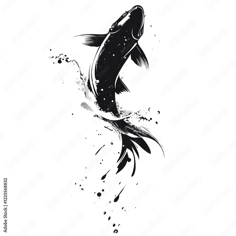 Poster an artistic depiction of a koi fish leaping from water, showcasing a dynamic splash and elegant desi