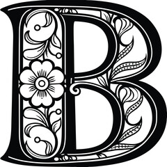 Floral Letter B An ornate uppercase letter B wrapped in delicate flowers and swirling vine accents in line art. Adobe Illustrator Artwork © Linear Essence