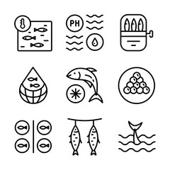 Fish farm icons set. Outline set of fish farm vector icons isolated on white background
