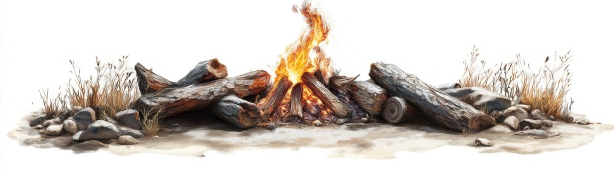 Campfire Digital Painting Log Fire, Sandy Beach, Dry Grass, Realistic Render, 3D illustration Campfire, Digital art