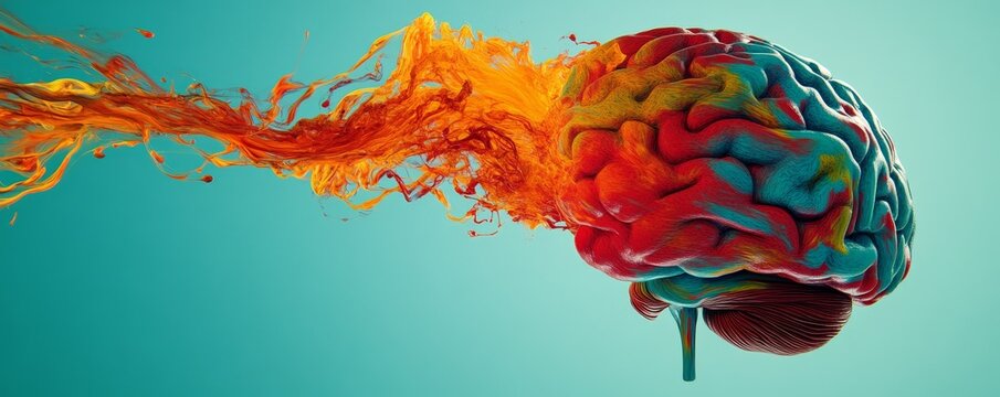 Colorful Brain Splash Abstract 3D Render of Human Brain with Vibrant Paint, Brain Art, Creativity Brain, Abstract Art