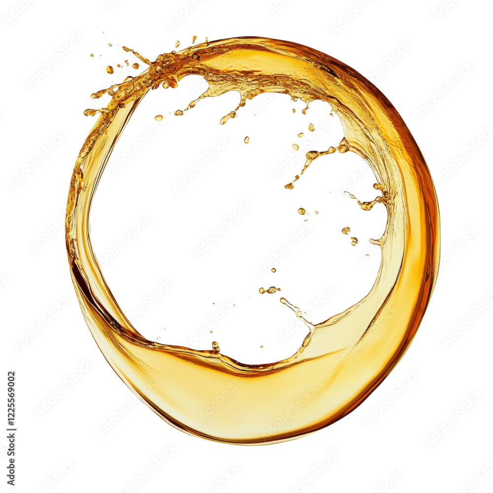 Poster a circular splash of golden liquid with droplets and dynamic motion against a black background.