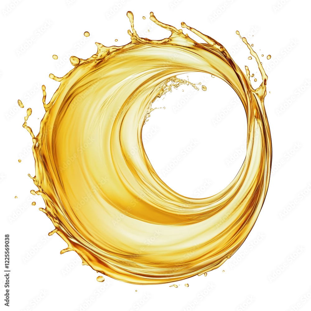 Poster A dynamic image of a golden liquid creating a circular splash with a central hole against a black background.