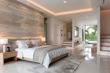 Modern Minimalist Bedroom Interior Design with Beige Stone Wall and Bright Lighting