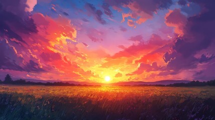 Fototapeta premium Stunning sunset over a grassy field, with brilliant hues of orange, pink, and purple filling the sky as the sun descends.