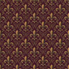 Regal Golden Fleur-de-Lis Pattern with Luxurious Damask Design on Maroon Background