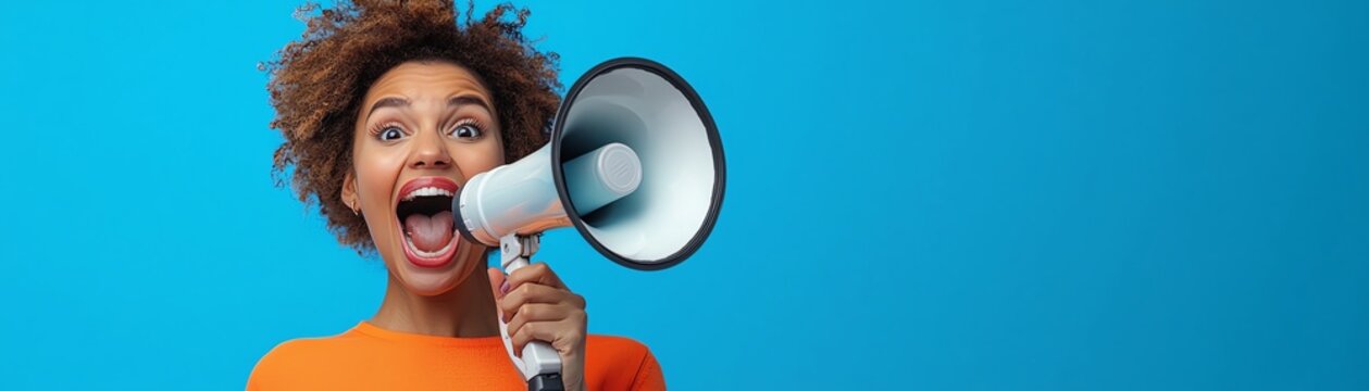A young woman joyfully shouting into a megaphone against a vibrant blue background, expressing excitement and enthusiasm. Ideal for use in marketing and social media.
