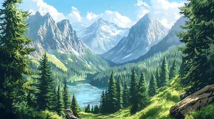 Scenic view of a green mountain range, with dense pine forests, a sparkling lake, and a backdrop of rugged cliffs