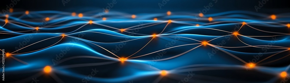 Poster abstract digital waves with luminous orange nodes create a futuristic landscape. this high-tech imag