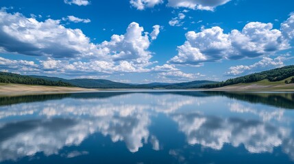 Obraz premium Tranquil waters stretch out below a sky filled with soft, fluffy clouds.