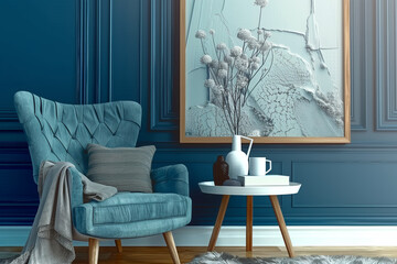 Teal Armchair in a Modern Living Room with Blue Walls and Wooden Accents