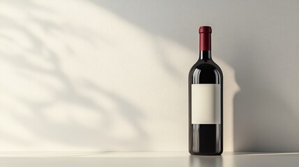 A stylish red wine bottle with a blank label, sitting against a softly lit backdrop.
