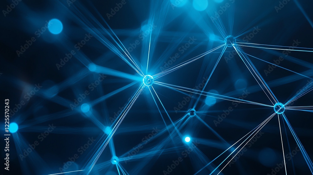 Poster an abstract representation of a network of connections and nodes illuminated in blue hues, showcasin