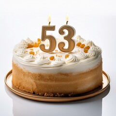 Decorated white cake for birthday or anniversary party, candle number 53, white background