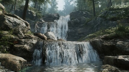 Waterfall cascading over rocks in a forest, for nature backgrounds and scenic visuals
