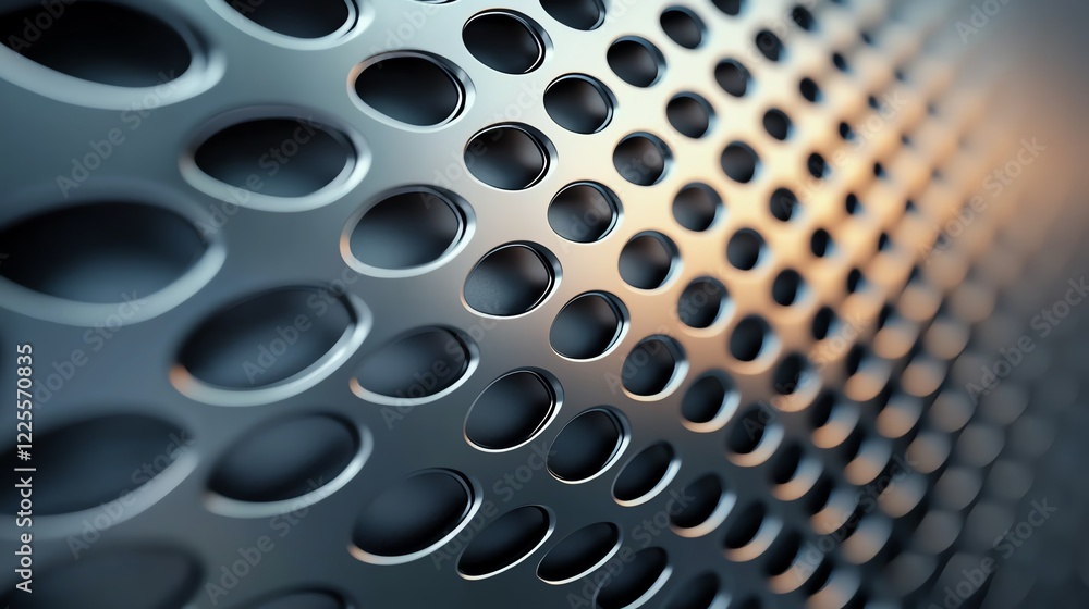Poster close-up view of a perforated metal surface showcasing intricate patterns and textures with a modern