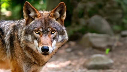 Fototapeta premium Close-up of a wolf with piercing golden eyes and thick fur in a natural habitat