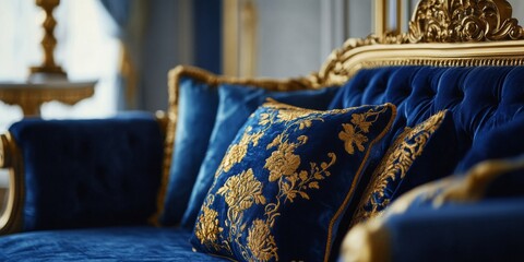 Luxurious blue velvet sofa with golden details. Elegant cushions enhance the royal decor. Perfect for a chic living room or classic interior design. A statement piece for any stylish space. AI