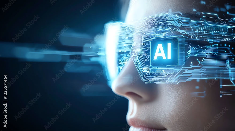 Poster futuristic close-up of a person wearing augmented reality glasses, displaying digital interfaces and