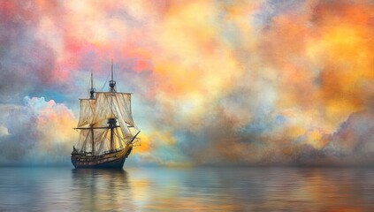 Obraz premium A large ship sails in the ocean with a beautiful sunset in the background
