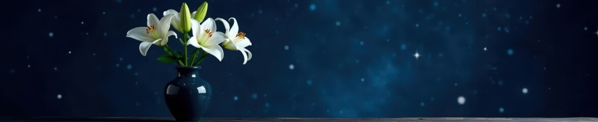 White Lilies in a vase on a dark table with a starry night sky, plant, vases