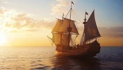 Obraz premium A large ship sails on the ocean at sunset