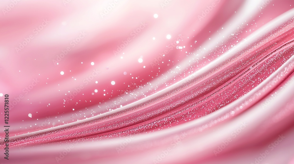 Poster this abstract image features soft flowing waves in shades of pink, adorned with sparkling particles,