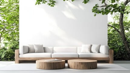 Modern white sofa in lush garden setting, sunlight on wall, peaceful scene, home decor