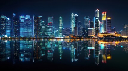 Obraz premium Night Lights Reflecting on Marina Bay, Singapore